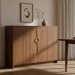 Satin gold circle ring door pull on walnut sideboard cabinet in neutral dining room