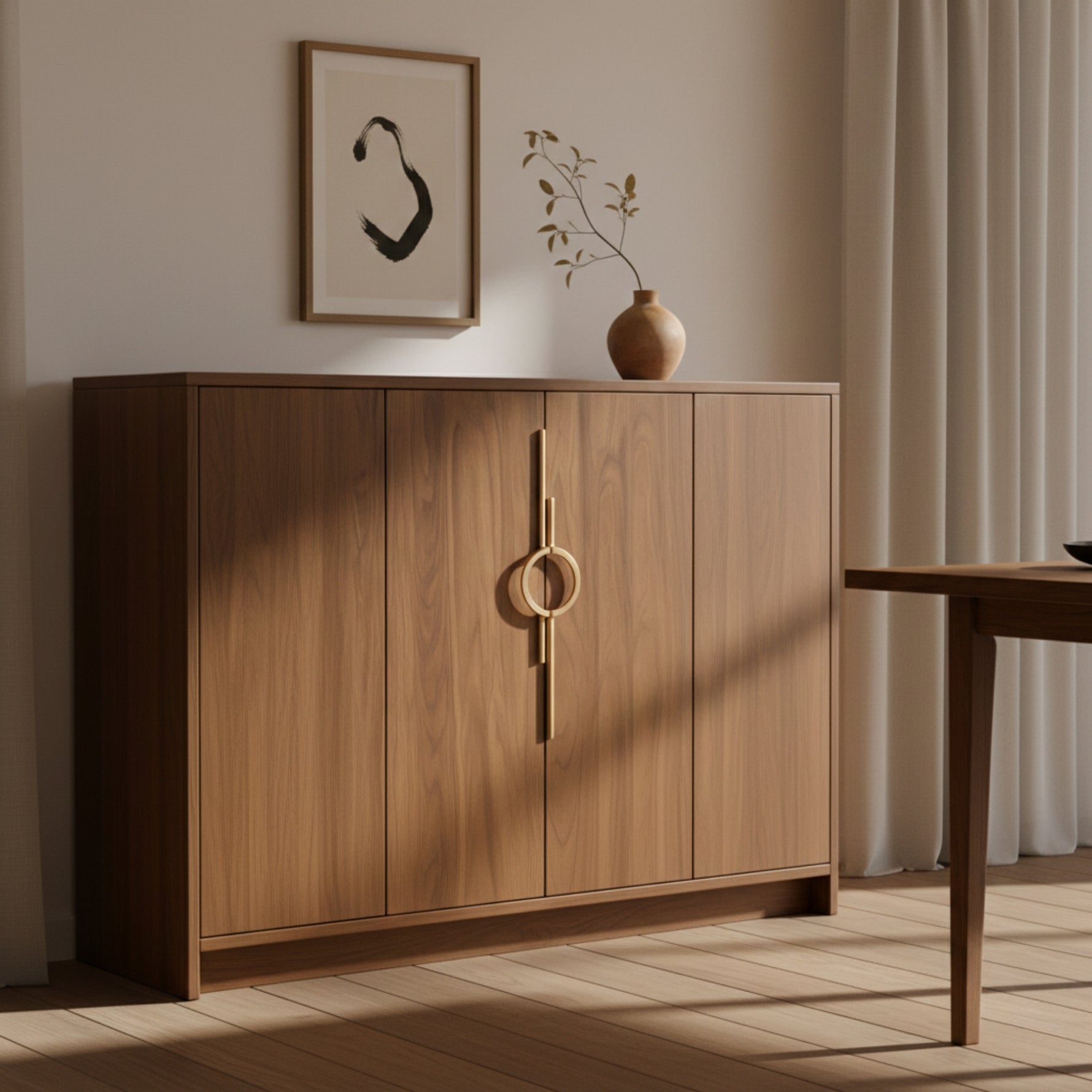 Satin gold circle ring door pull on walnut sideboard cabinet in neutral dining room