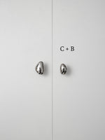 Polished chrome pebble knobs on white cabinet doors labeled size C plus B comparison