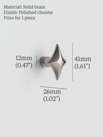 Polished chrome star cabinet knob dimensions — 41mm height, 26mm width, 12mm projection