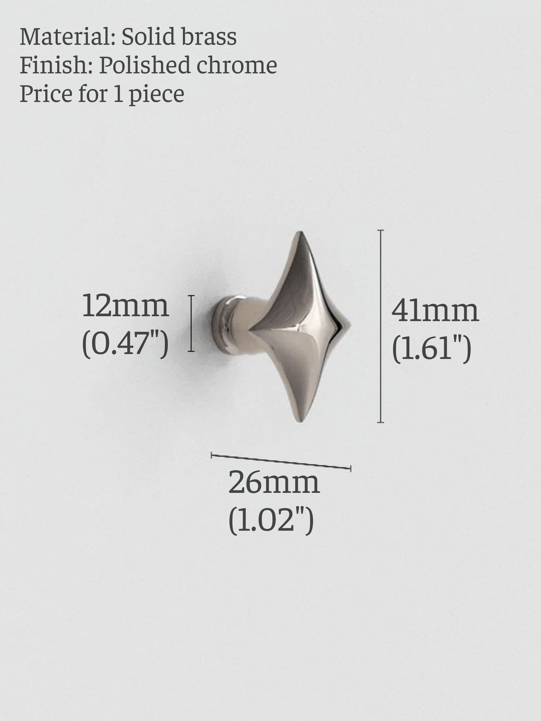 Polished chrome star cabinet knob dimensions — 41mm height, 26mm width, 12mm projection