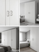 Four-panel lifestyle collage of nickel chrome wavy pulls on white wardrobes in bedroom settings