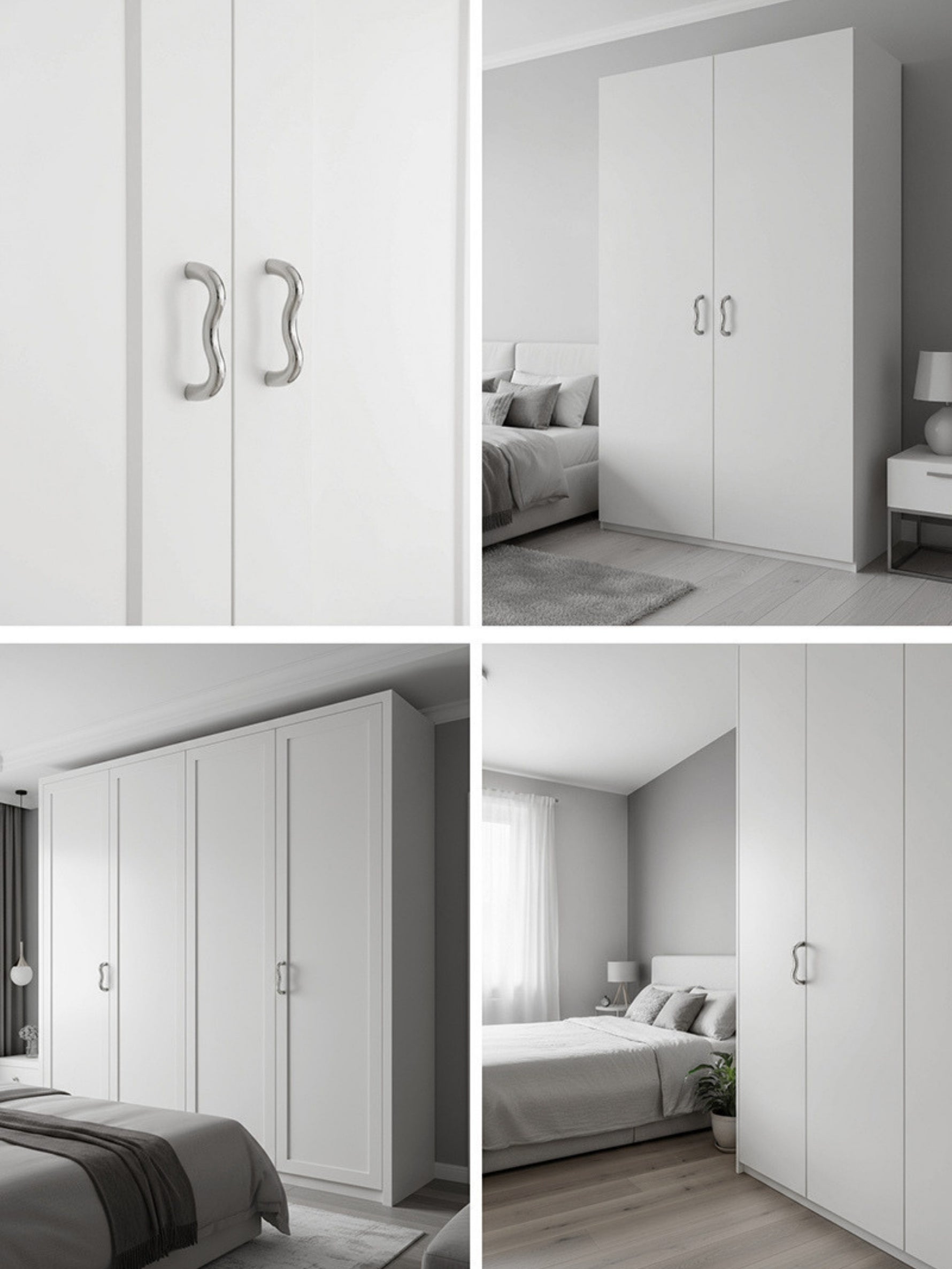 Four-panel lifestyle collage of nickel chrome wavy pulls on white wardrobes in bedroom settings