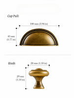 Antique brass beaded cup pull and knob dimensions — 100mm and 28mm