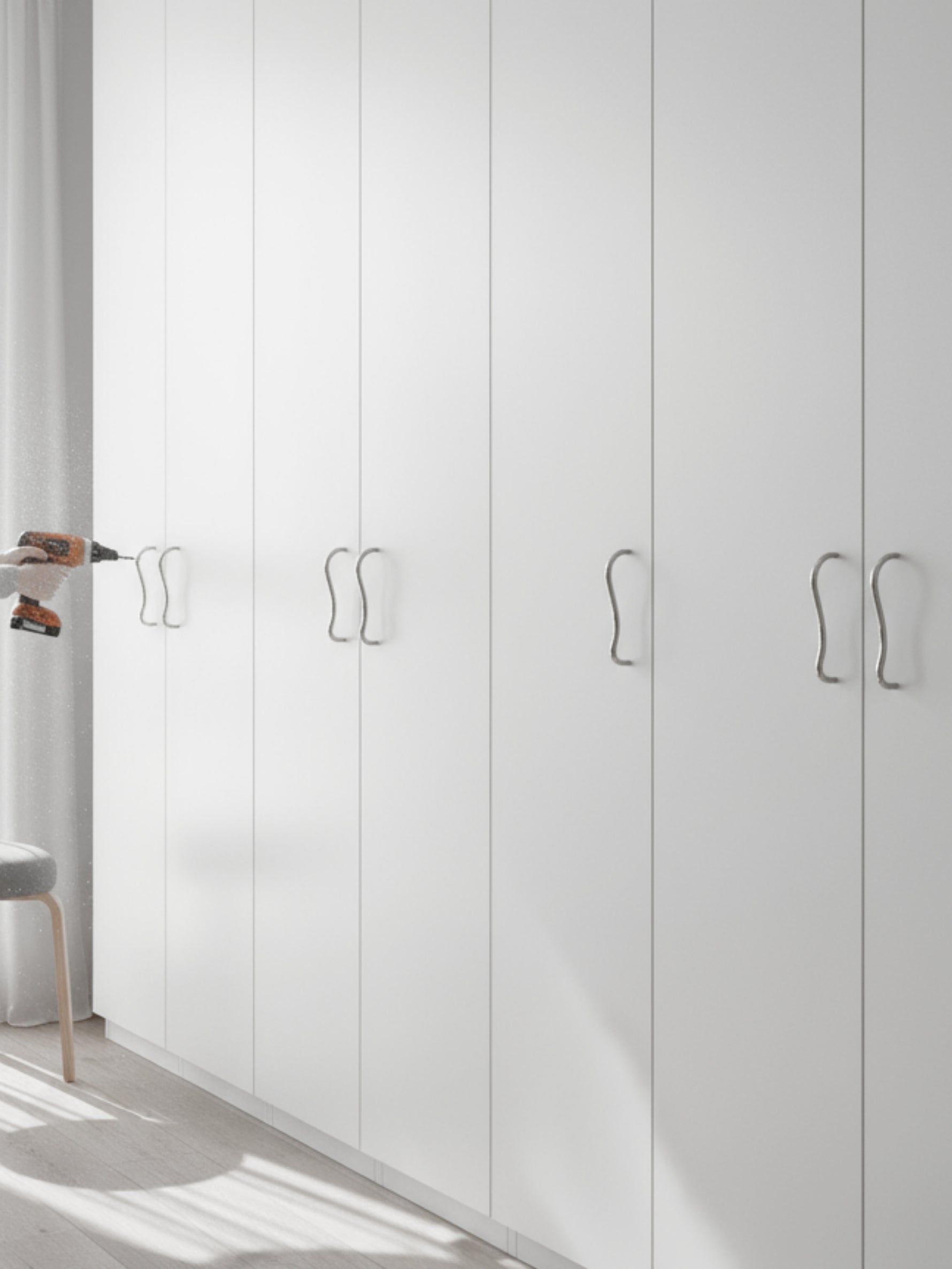 Installing chrome wave pulls on wardrobe with drill