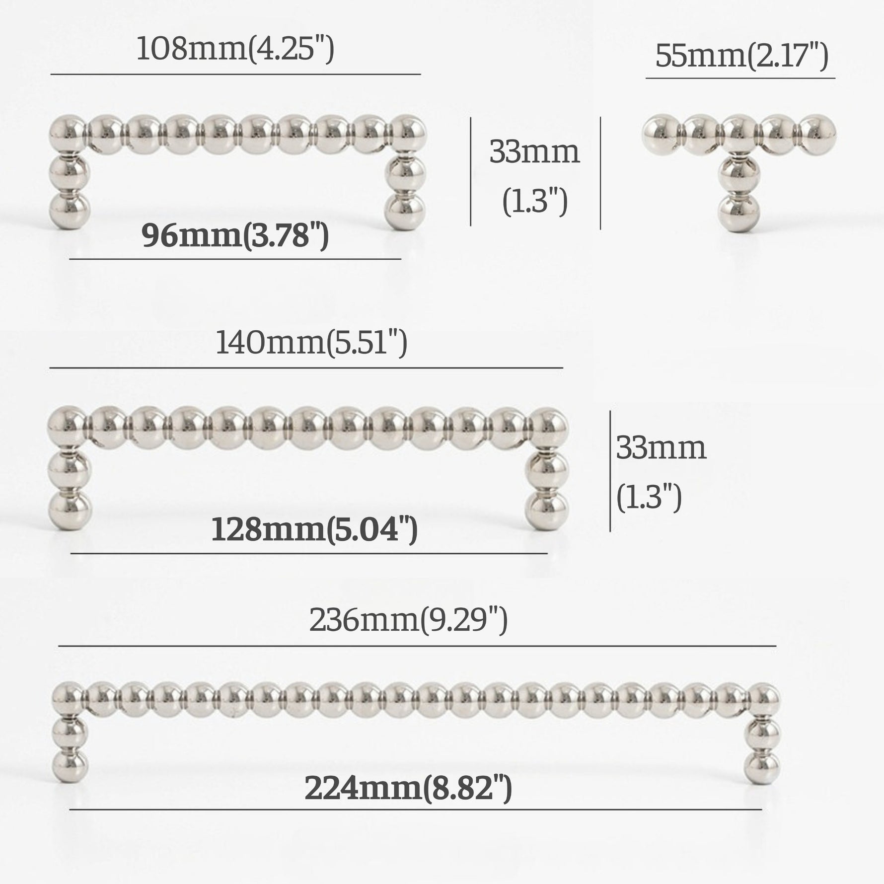 Dimensions diagram of polished chrome beaded ball pulls and knob: 96mm, 128mm, 224mm hole spacing and 55mm knob