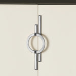 Chrome silver circle ring door pull on cream kitchen cabinet doors