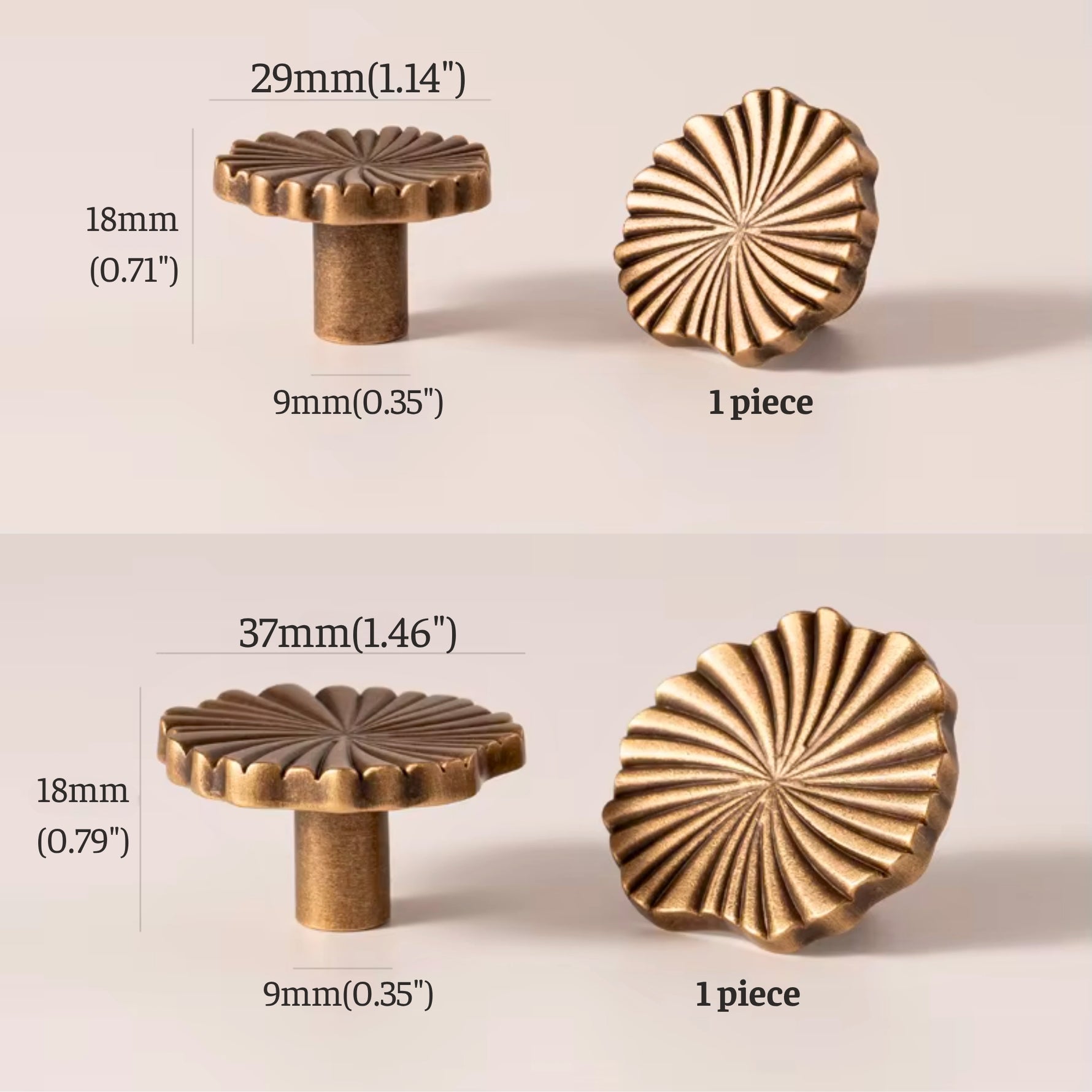 Ginkgo knob size chart — small 29mm and large 37mm dimensions
