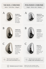 Comparison chart of nickel chrome versus polished chrome finish on pebble knob sizes A, B, and C