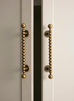 Close-up of a cabinet with decorative antique brass handles on a neutral background
