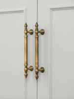 Pair of ornate brushed brass cabinet handles on a white door