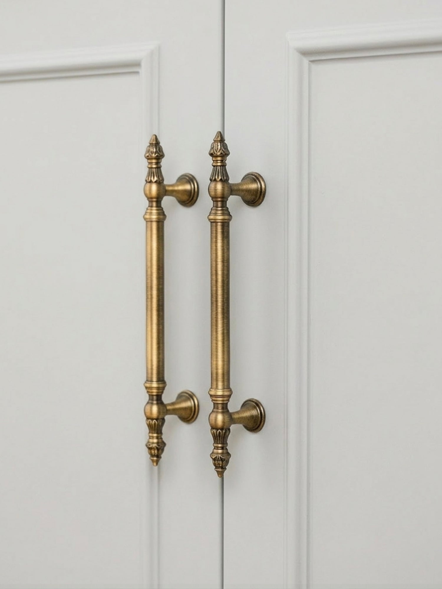 Pair of ornate brushed brass cabinet handles on a white door