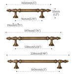 Measurement chart of various brushed brass cabinet handles with dimensions labeled.