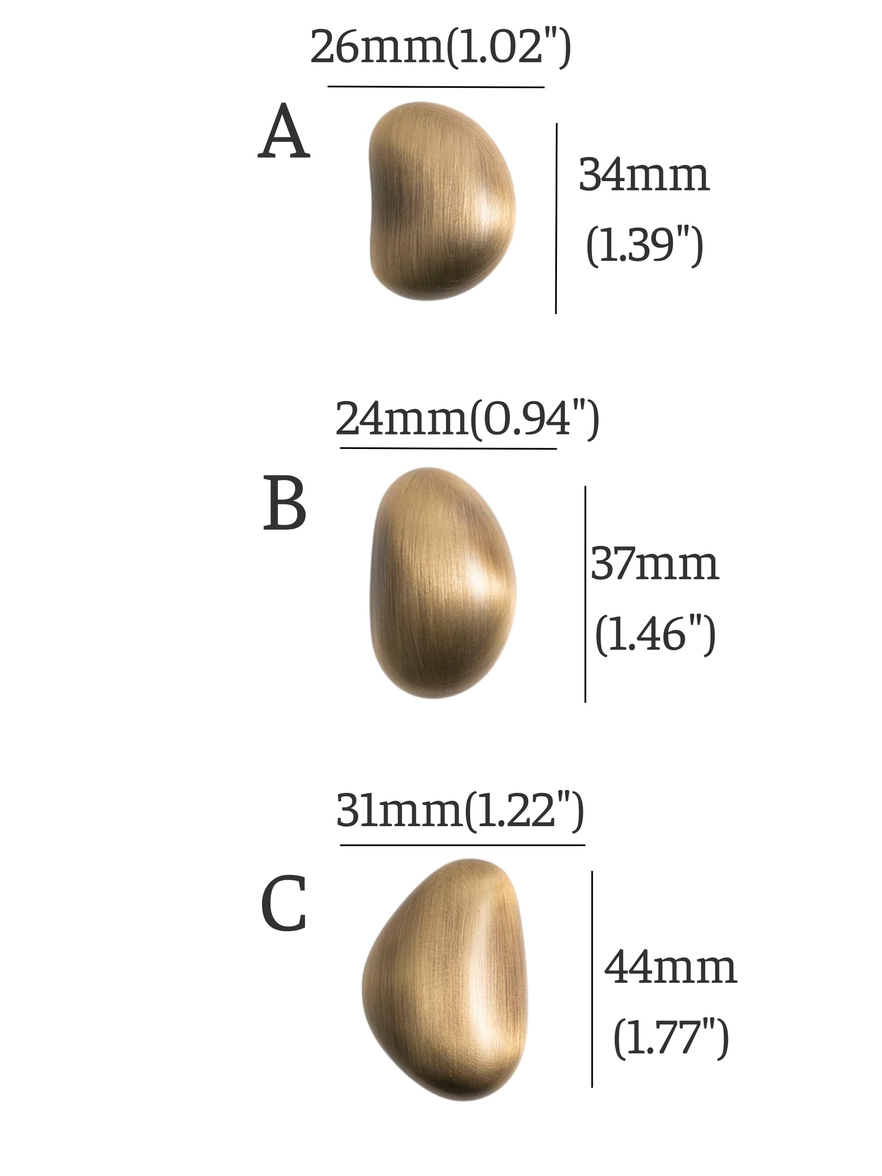 Brushed brass pebble knob size chart — A 26×34mm B 24×37mm C 31×44mm